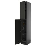Modern black kitchen cabinet, tall with open door, featuring shelves and organizers.