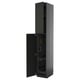 Modern black kitchen cabinet, tall with open door, featuring shelves and organizers.