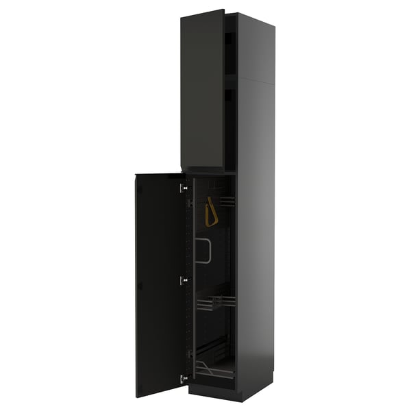 METOD black kitchen cabinet, tall and narrow, glossy finish, with open door.