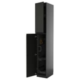 METOD black kitchen cabinet, tall and narrow, glossy finish, with open door.