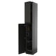 METOD black kitchen cabinet, tall and narrow, glossy finish, with open door.