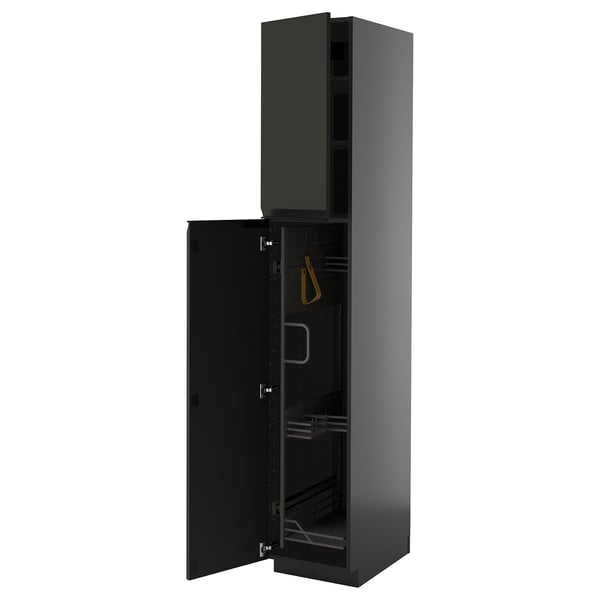 Black kitchen cabinet with open door, glossy finish, rectangular shape, modern design.