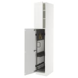 White high cabinet, open door revealing organized cleaning supplies.