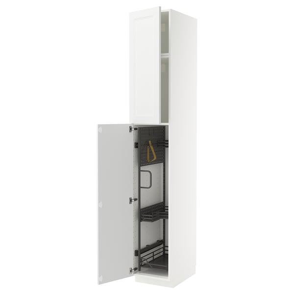 METOD white kitchen cabinet with open left door and storage solutions.