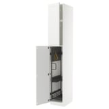 METOD white kitchen cabinet with open left door and storage solutions.