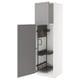 White kitchen cabinet with grey door, pegboard, shelves, and pull-out tray.