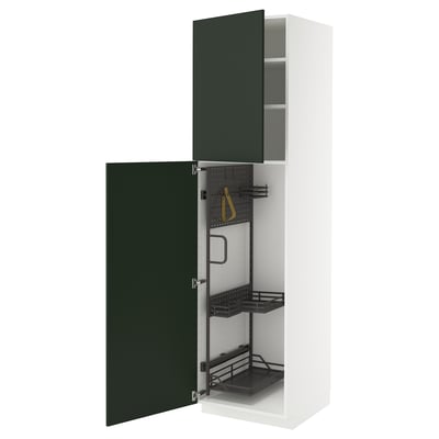This image shows a METOD kitchen cabinet with dark green havstorp doors, white frame, and pull-out organizers.