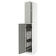 A white METOD kitchen cabinet with one door open, revealing internal storage shelves.