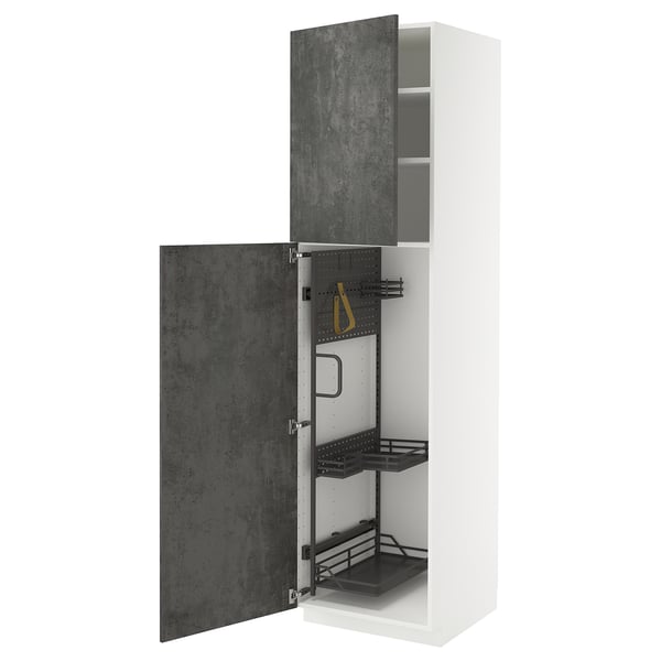 METOD kitchen unit with dark grey concrete kalhyttan doors, white frame, internal shelves, hooks, and organizers.