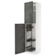 METOD kitchen cabinet: tall white unit with dark grey doors, open door revealing metal storage organizers.