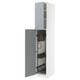 A white METOD kitchen cabinet with high-gloss grey-blue kallarp doors, one door open revealing interior organizers.