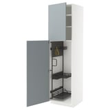 A white and grey-blue high cabinet from the METOD kitchen system. The door has a high-gloss finish and the cabinet pull-out organizers.