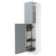 White METOD kitchen cabinet, gray-blue high-gloss doors, metal organizers.