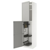 METOD kitchen cabinet with light grey fronts, tall, pull-out organizers, modern-traditional design, bevelled edges.