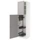 Displays an open, white METOD kitchen cabinet with gray lerhyttan doors. It a pegboard, pull-out organizers, and a 25-year guarantee.