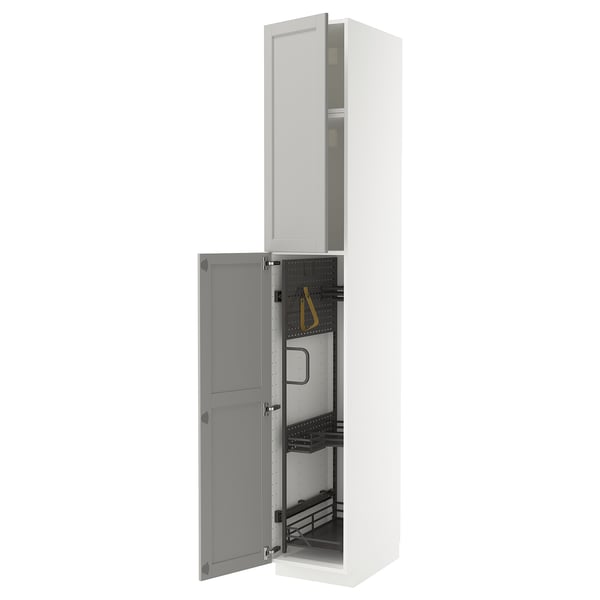 White METOD kitchen cabinet, light grey lerhyttan doors, bevelled edges, sturdy frame, pull-out organizers.