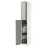 White METOD kitchen cabinet, light grey lerhyttan doors, bevelled edges, sturdy frame, pull-out organizers.