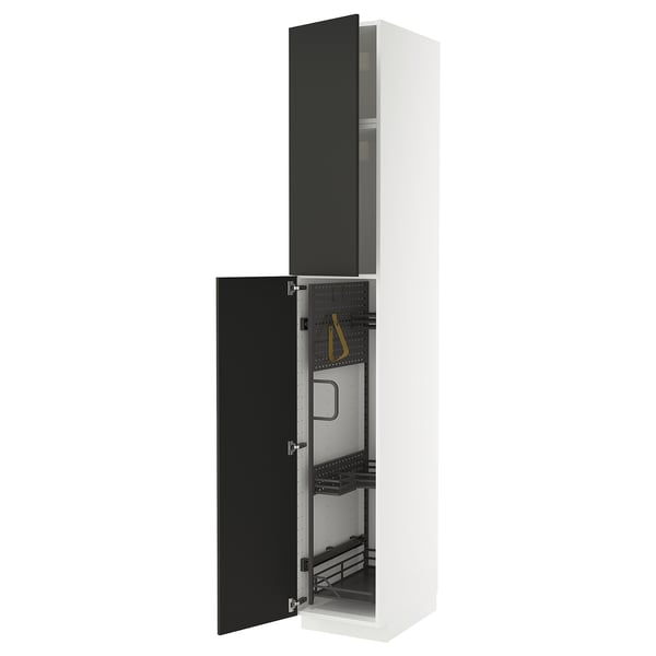A modern white METOD kitchen cabinet with a black door open. It has pull-out organizers and sturdy construction for versatile use.