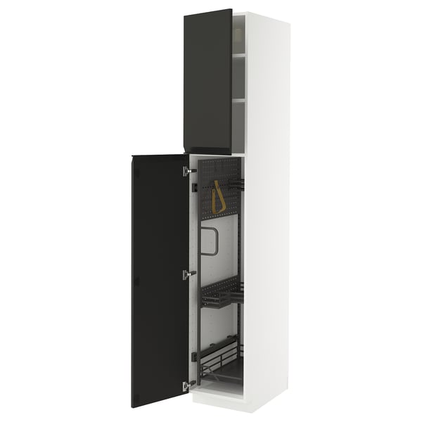 METOD black & white kitchen unit: tall, modern, black doors with handles, white frame, pull-out organizers.