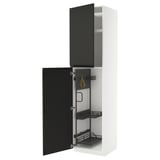 Modern white METOD cabinet with matte black doors, open showing organizer.