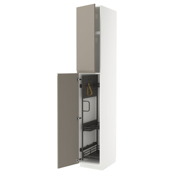 METOD kitchen cabinet: white with gray-grey beige doors, featuring integrated handles, and organized interior with pull-out compartments and hooks.