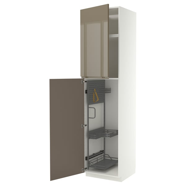 METOD High cabinet with cleaning interior, white/VOXTORP high-gloss dark grey-brown vertical, 60x60x240 cm