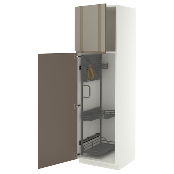 METOD High cabinet with cleaning interior, white/VOXTORP high-gloss dark grey-brown vertical, 60x60x200 cm