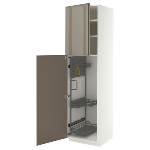 METOD High cabinet with cleaning interior, white/VOXTORP high-gloss dark grey-brown vertical, 60x60x220 cm