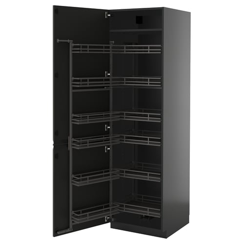 A modern, black METOD kitchen cabinet with multiple pull-out shelves. It a sleek, rectangular design with a smooth finish.