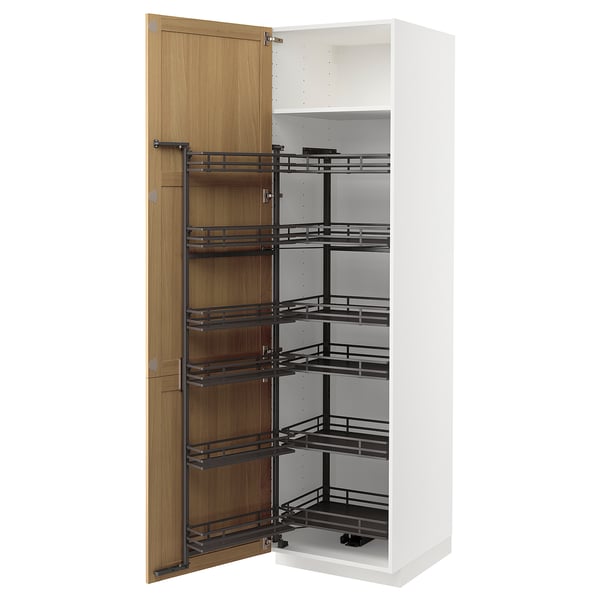 This image shows a white METOD kitchen cabinet with oak doors, featuring six black pull-out shelves.