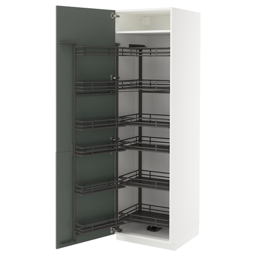 White kitchen cabinet with green door, pull-out shelves.