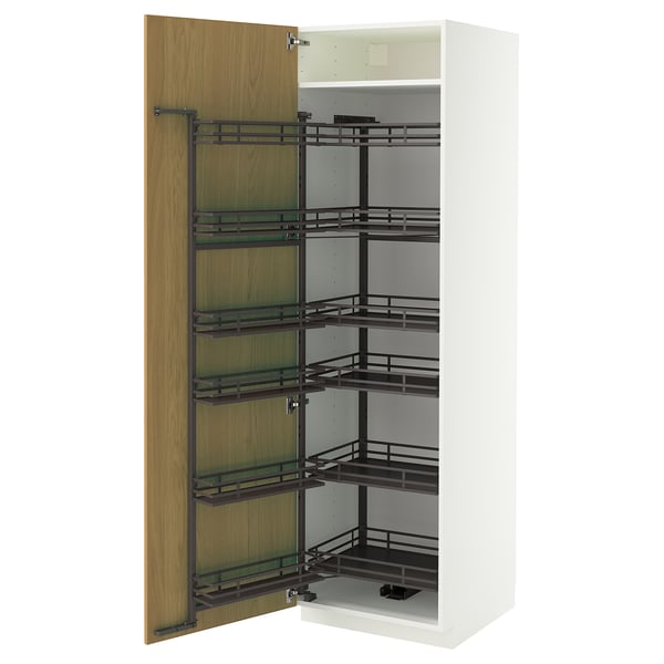 METOD High cabinet with pull-out larder, white/Sinarp oak veneer, 60x60x200 cm