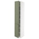 Modern white cabinet with two green drawers, adjustable shelves.