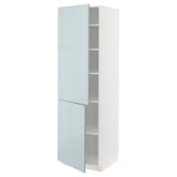 A white high cabinet with gray-blue high-gloss doors, part of the METOD kitchen system. It has two open doors revealing adjustable shelves inside.