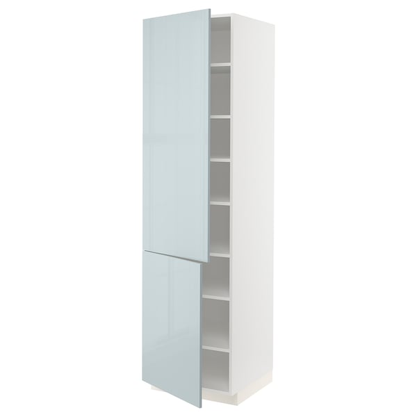 A modern, high gloss light blue closet with adjustable shelves and two doors, part of the METOD kitchen system.