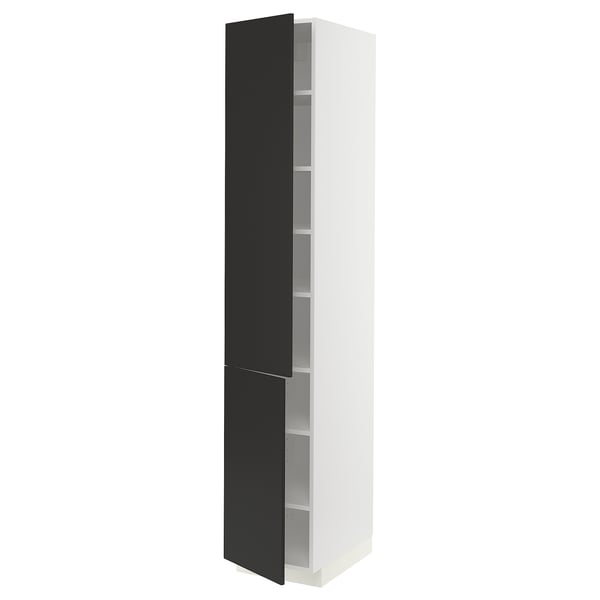 A tall, slim, white METOD kitchen cabinet with black doors and adjustable shelves. Its minimalist design clean lines and a modern appearance.
