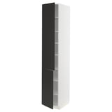A tall, slim, white METOD kitchen cabinet with black doors and adjustable shelves. Its minimalist design clean lines and a modern appearance.
