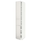A white, tall kitchen cabinet from the METOD system. It high gloss doors and adjustable shelves.