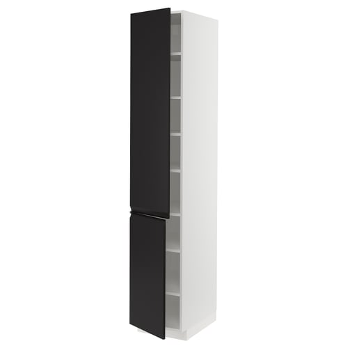 Black and white tall cabinet with two openable doors and shelves inside.