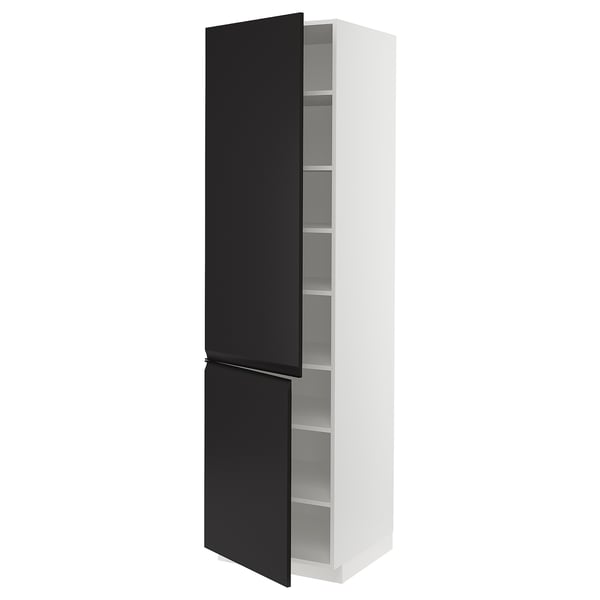 Modern black and white tall cabinet with sleek, matte finish and adjustable shelves.