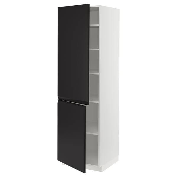 A tall, white cabinet with black doors. One door is open, revealing interior shelves. Modern design with matte black handles.