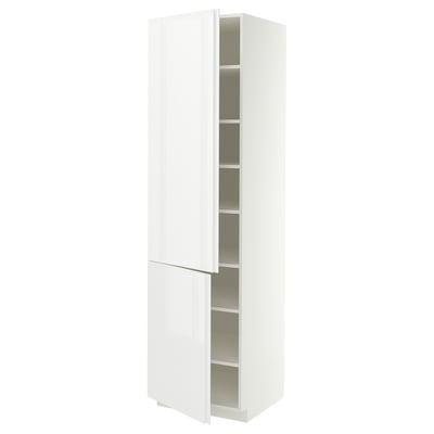 METOD High cabinet with shelves/2 doors, white/VOXTORP high-gloss white vertical handle, 60x60x220 cm