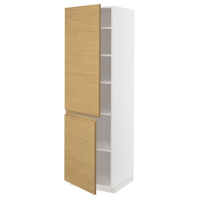 METOD white cabinet with oak doors, minimalist design, tall and slim, drawer open.