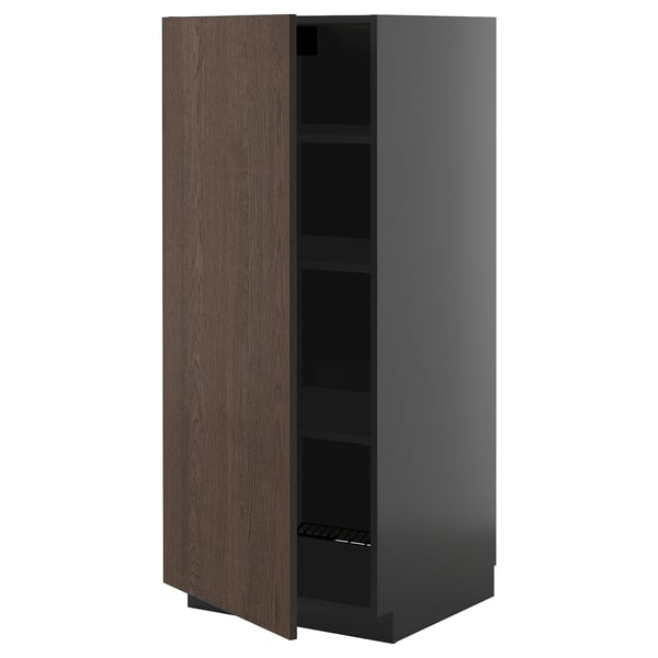 Displays a dark brown and gray kitchen cabinet with an adjustable shelf and a door featuring solid wood edging.