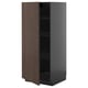 Displays a dark brown and gray kitchen cabinet with an adjustable shelf and a door featuring solid wood edging.