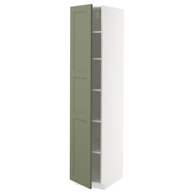 METOD kitchen cabinet, tall with green panels, adjustable shelf, reversible door.