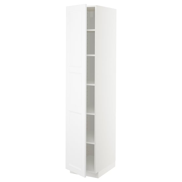 A white METOD tall kitchen cabinet, sleek and rectangular with adjustable shelves and a modern design.