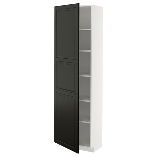 White METOD cabinet with black door, three shelves.