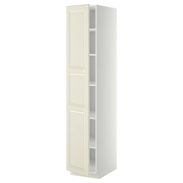 An off-white METOD kitchen cabinet with a rectangular shape, double doors, and adjustable shelves.