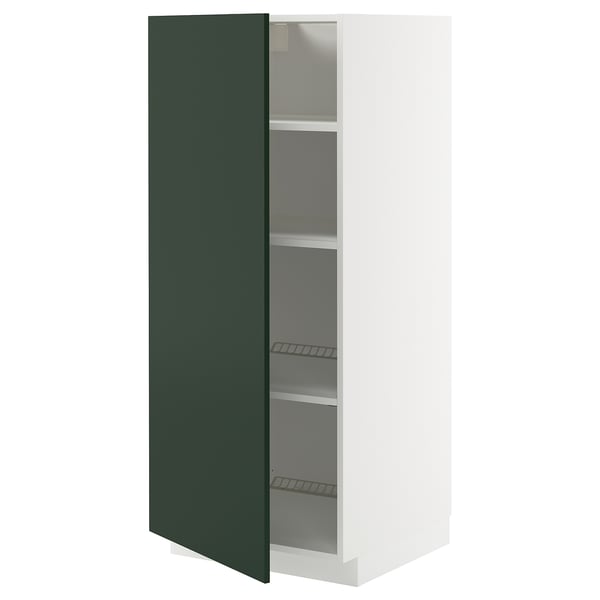 A white and green METOD cabinet. The cabinet adjustable shelves, a dark green door, and a modern design.